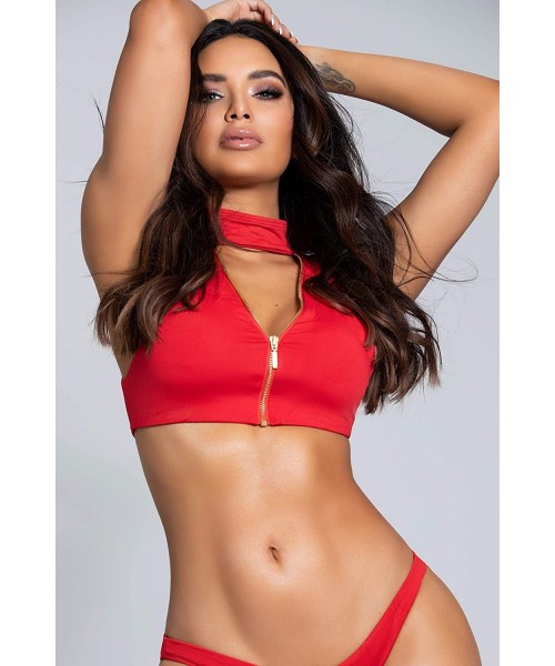 Tops Red Low Cut Neckline Gold Zipper Choker Sporty Shoulder Straps Swimwear Bikini Top - Red - C2199LY65T8