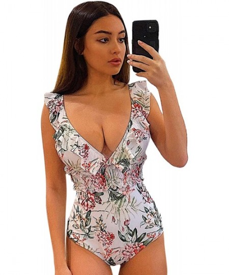 One-Pieces Women's One Piece Swimsuit Ruffle Tiered V Neck Tummy Control Bathing Suits - Floral White - CD1966E30S7