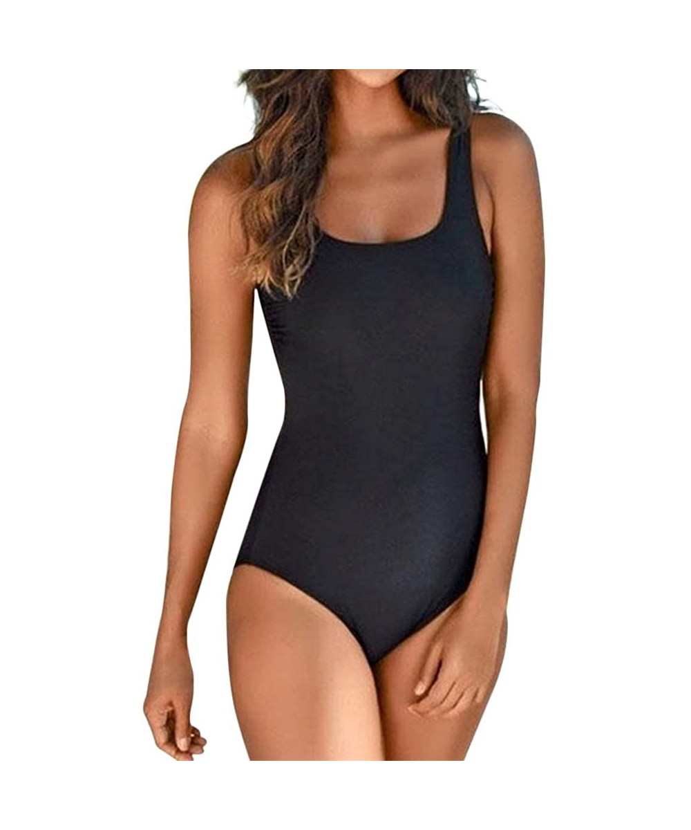 One-Pieces JFLYOU Women's Black One Piece Bathing Suit Ruched Tummy Control Swimsuit Monokini - Black - C518Q6OO7TR