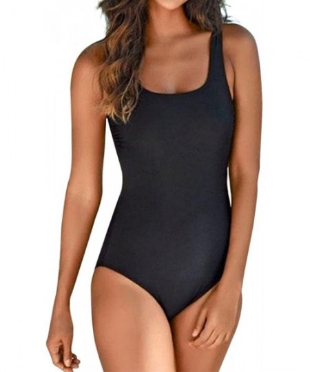 One-Pieces JFLYOU Women's Black One Piece Bathing Suit Ruched Tummy Control Swimsuit Monokini - Black - C518Q6OO7TR