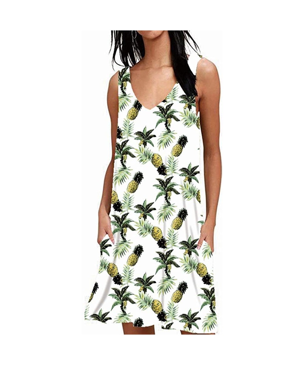 Cover-Ups Women Summer Floral Print Casual T Shirt Dresses Beach Cover Up Plain Pleated Tank Dress - White Floral - CR190MZHHRT