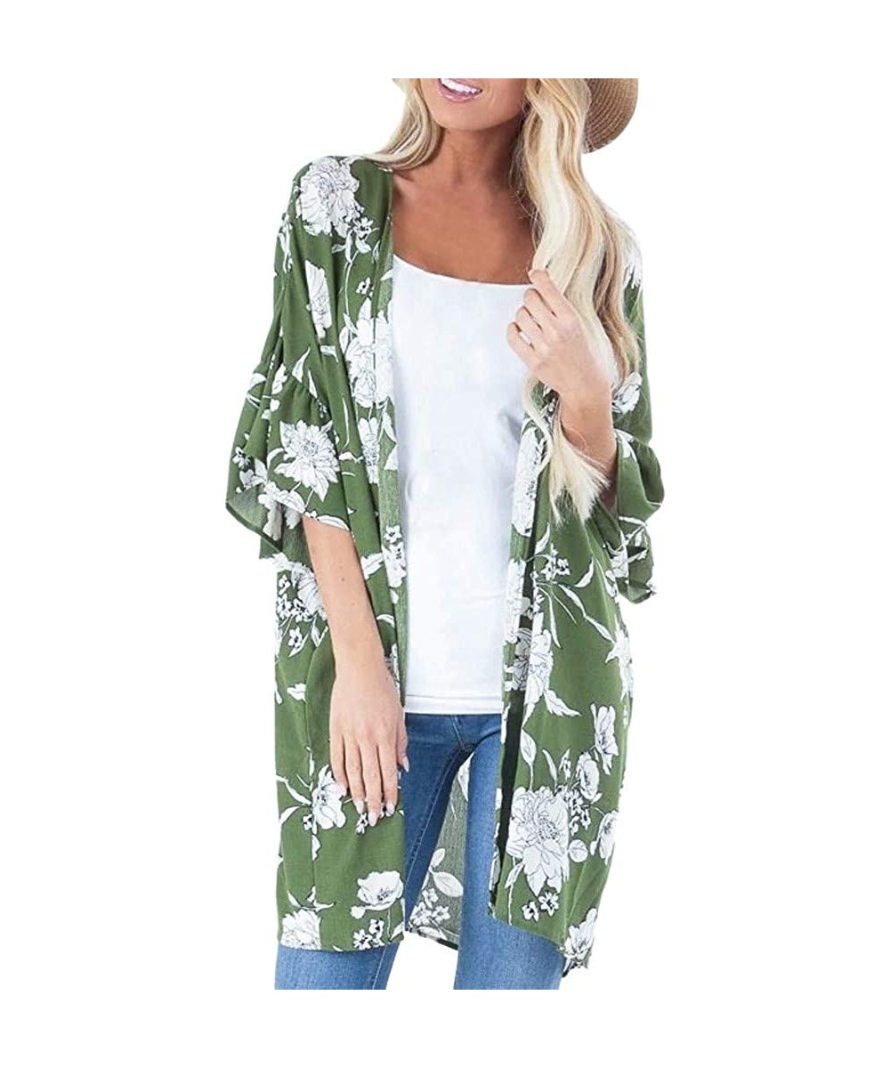 Cover-Ups Womens Kimono Cardigan- Boho Loose Half Sleeve Cover Up Smock Tops Blouses - 02 Green - C718TM7MG3Q