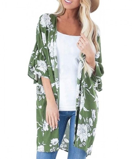 Cover-Ups Womens Kimono Cardigan- Boho Loose Half Sleeve Cover Up Smock Tops Blouses - 02 Green - C718TM7MG3Q