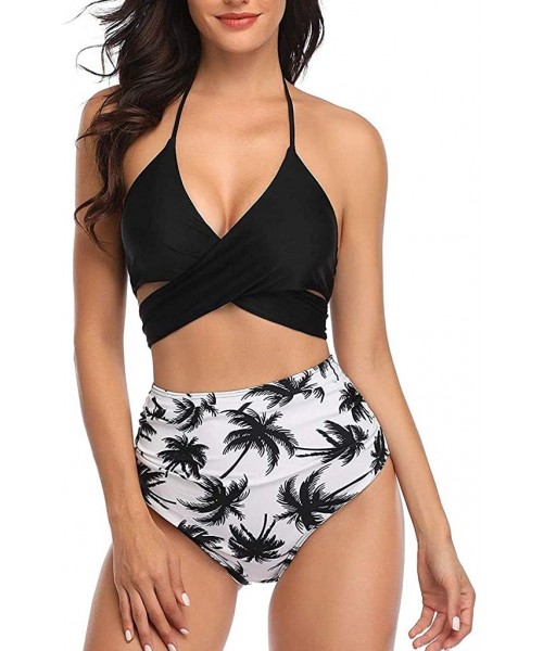 Racing Women High Waisted Swimsuit Flounce Swimwear Racerback Vintage Two Piece Bikini - Black Leaf - CC194XL0MTW