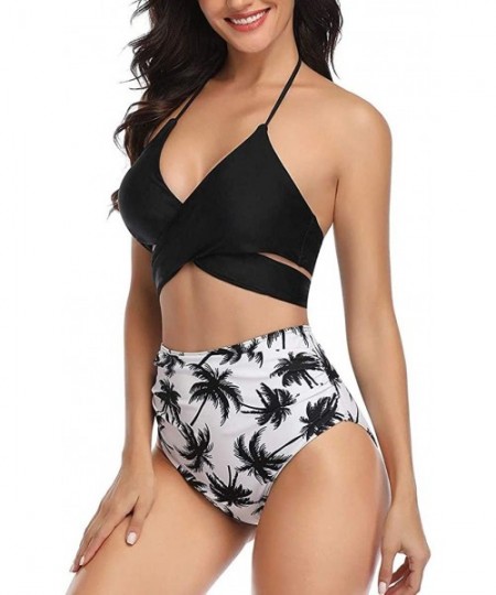 Racing Women High Waisted Swimsuit Flounce Swimwear Racerback Vintage Two Piece Bikini - Black Leaf - CC194XL0MTW