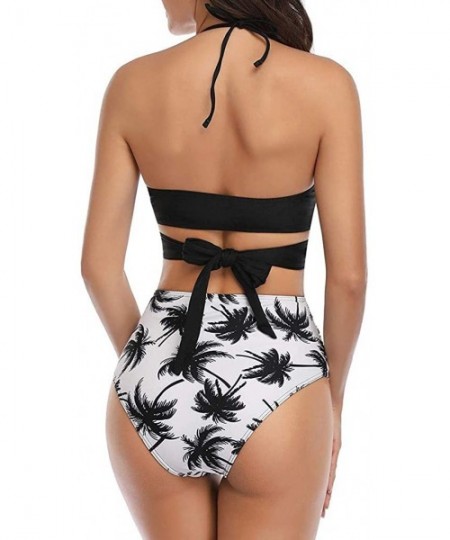 Racing Women High Waisted Swimsuit Flounce Swimwear Racerback Vintage Two Piece Bikini - Black Leaf - CC194XL0MTW