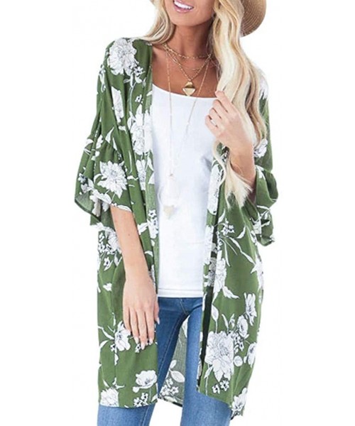 Cover-Ups Womens Kimono Cardigan- Boho Loose Half Sleeve Cover Up Smock Tops Blouses - 02 Green - C718TM7MG3Q