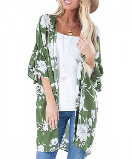 Cover-Ups Womens Kimono Cardigan- Boho Loose Half Sleeve Cover Up Smock Tops Blouses - 02 Green - C718TM7MG3Q