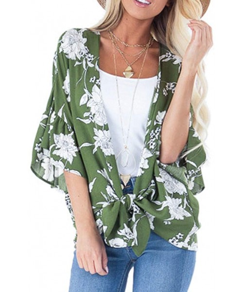 Cover-Ups Womens Kimono Cardigan- Boho Loose Half Sleeve Cover Up Smock Tops Blouses - 02 Green - C718TM7MG3Q