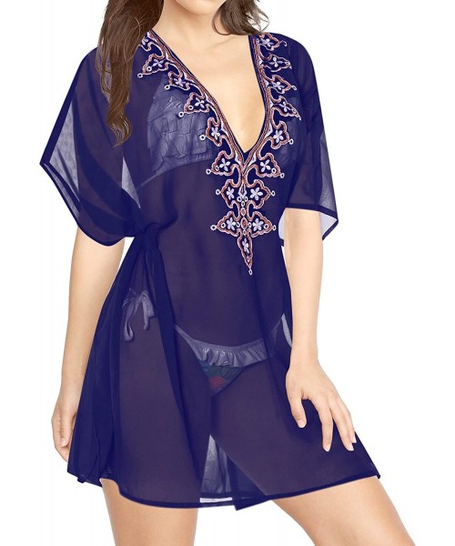 Cover-Ups Women's Beach Bikini Swimsuit Cover Up for Swimwear Kaftan Short Mini B - Navy Blue_d152 - C412042EW7R