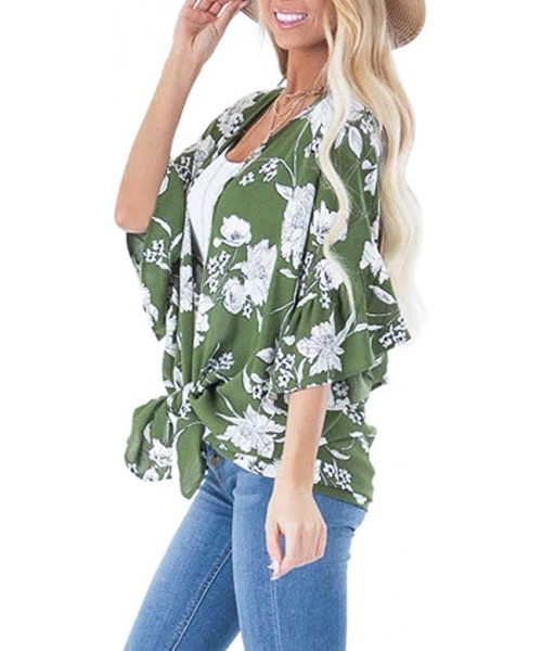 Cover-Ups Womens Kimono Cardigan- Boho Loose Half Sleeve Cover Up Smock Tops Blouses - 02 Green - C718TM7MG3Q