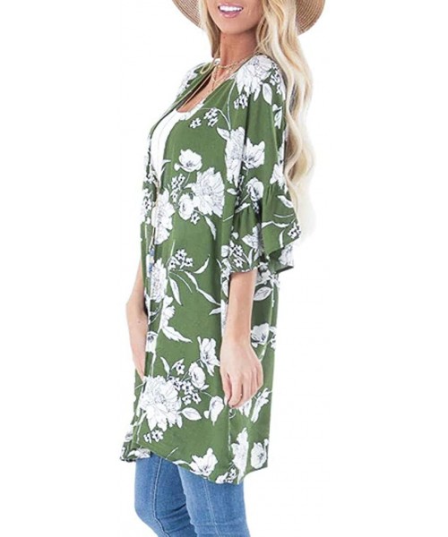 Cover-Ups Womens Kimono Cardigan- Boho Loose Half Sleeve Cover Up Smock Tops Blouses - 02 Green - C718TM7MG3Q