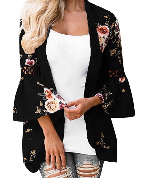 Cover-Ups Women Beachwear Cover Up Casual Long Sleeve Floral Print Chiffon Kimono Cardigan Summer Swimsuit Blouse Tops Z blac...