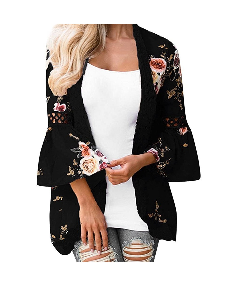 Cover-Ups Women Beachwear Cover Up Casual Long Sleeve Floral Print Chiffon Kimono Cardigan Summer Swimsuit Blouse Tops Z blac...