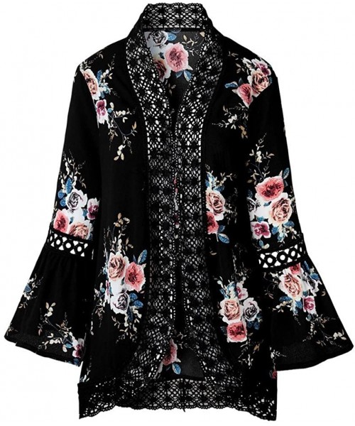 Cover-Ups Women Beachwear Cover Up Casual Long Sleeve Floral Print Chiffon Kimono Cardigan Summer Swimsuit Blouse Tops Z blac...