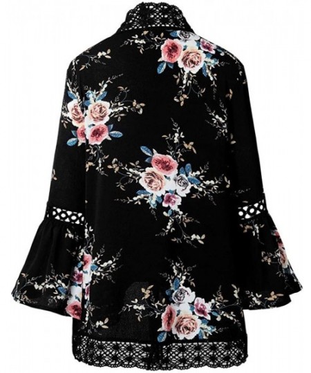 Cover-Ups Women Beachwear Cover Up Casual Long Sleeve Floral Print Chiffon Kimono Cardigan Summer Swimsuit Blouse Tops Z blac...