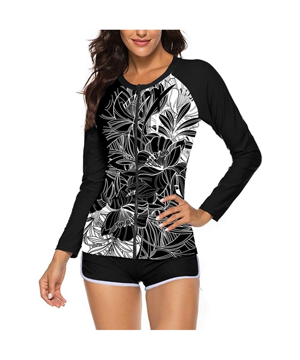 Rash Guards Womens Long Sleeve Rashguard Swimsuit Sport Swimwear Tankini Set - Black Floral - CX194CY0C0R