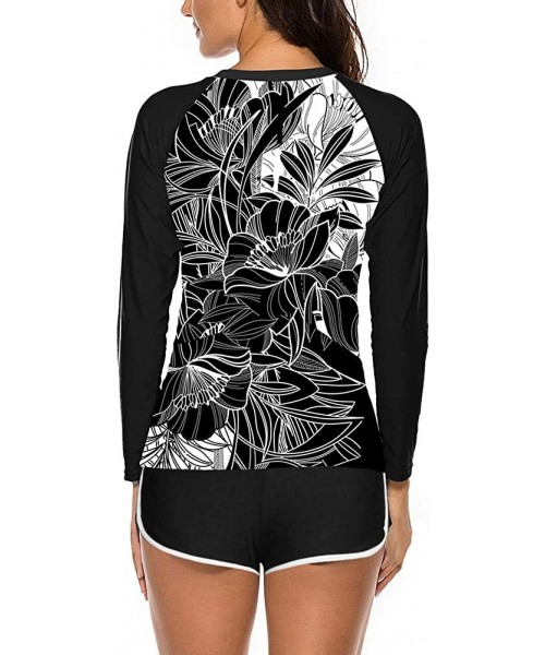 Rash Guards Womens Long Sleeve Rashguard Swimsuit Sport Swimwear Tankini Set - Black Floral - CX194CY0C0R