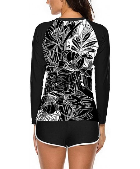 Rash Guards Womens Long Sleeve Rashguard Swimsuit Sport Swimwear Tankini Set - Black Floral - CX194CY0C0R