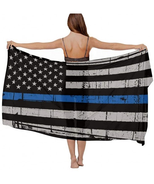 Cover-Ups Women Chiffon Scarf Sunscreen Shawl Wrap Swimsuit Cover Up Beach Sarongs - Police American Thin Blue Line Flag - C6...