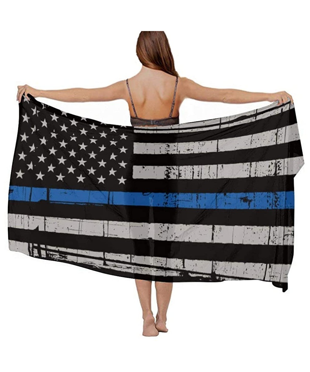 Cover-Ups Women Chiffon Scarf Sunscreen Shawl Wrap Swimsuit Cover Up Beach Sarongs - Police American Thin Blue Line Flag - C6...