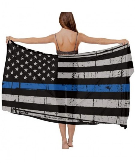 Cover-Ups Women Chiffon Scarf Sunscreen Shawl Wrap Swimsuit Cover Up Beach Sarongs - Police American Thin Blue Line Flag - C6...