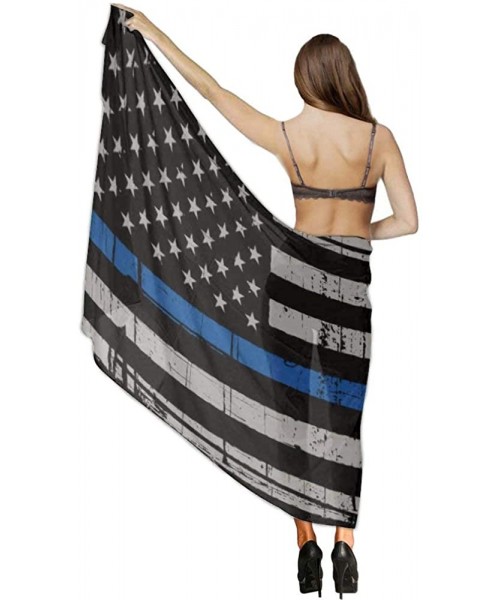 Cover-Ups Women Chiffon Scarf Sunscreen Shawl Wrap Swimsuit Cover Up Beach Sarongs - Police American Thin Blue Line Flag - C6...