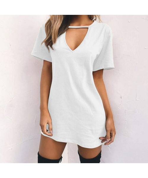 Bottoms Evening Dresses Sexy Casual Loose Mini Dress Short Sleeve Jumper Baggy Party Dress Choker Strap V Neck Dress White - ...