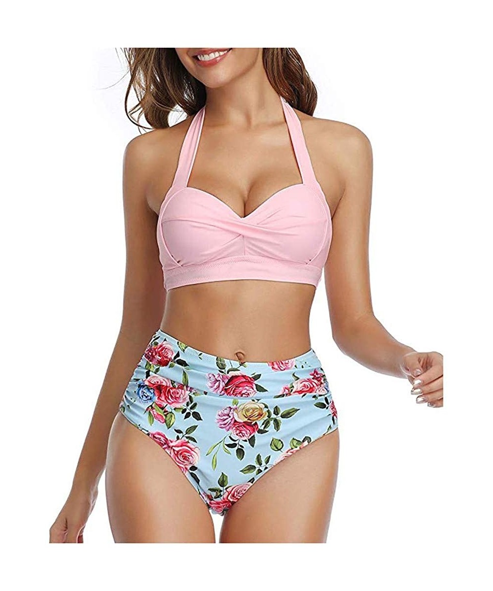 Sets 2020 Women Vintage Swimsuit Two Piece Retro Halter Ruched High Waist Print Bikini Set - Pink Floral - CM194UKN74Q