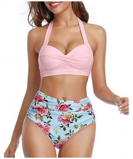 Sets 2020 Women Vintage Swimsuit Two Piece Retro Halter Ruched High Waist Print Bikini Set - Pink Floral - CM194UKN74Q