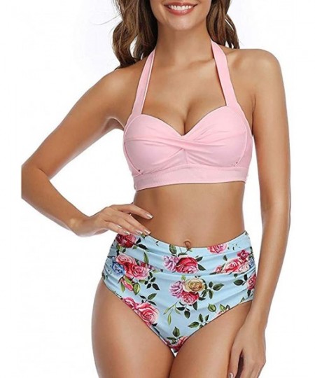 Sets 2020 Women Vintage Swimsuit Two Piece Retro Halter Ruched High Waist Print Bikini Set - Pink Floral - CM194UKN74Q