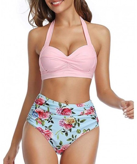 Sets 2020 Women Vintage Swimsuit Two Piece Retro Halter Ruched High Waist Print Bikini Set - Pink Floral - CM194UKN74Q