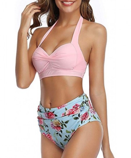 Sets 2020 Women Vintage Swimsuit Two Piece Retro Halter Ruched High Waist Print Bikini Set - Pink Floral - CM194UKN74Q