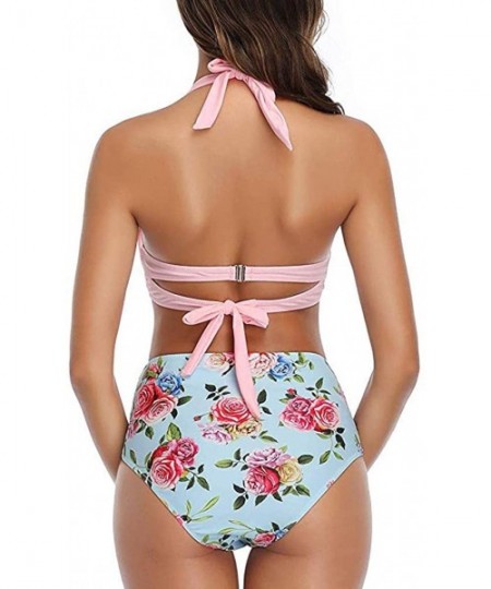 Sets 2020 Women Vintage Swimsuit Two Piece Retro Halter Ruched High Waist Print Bikini Set - Pink Floral - CM194UKN74Q