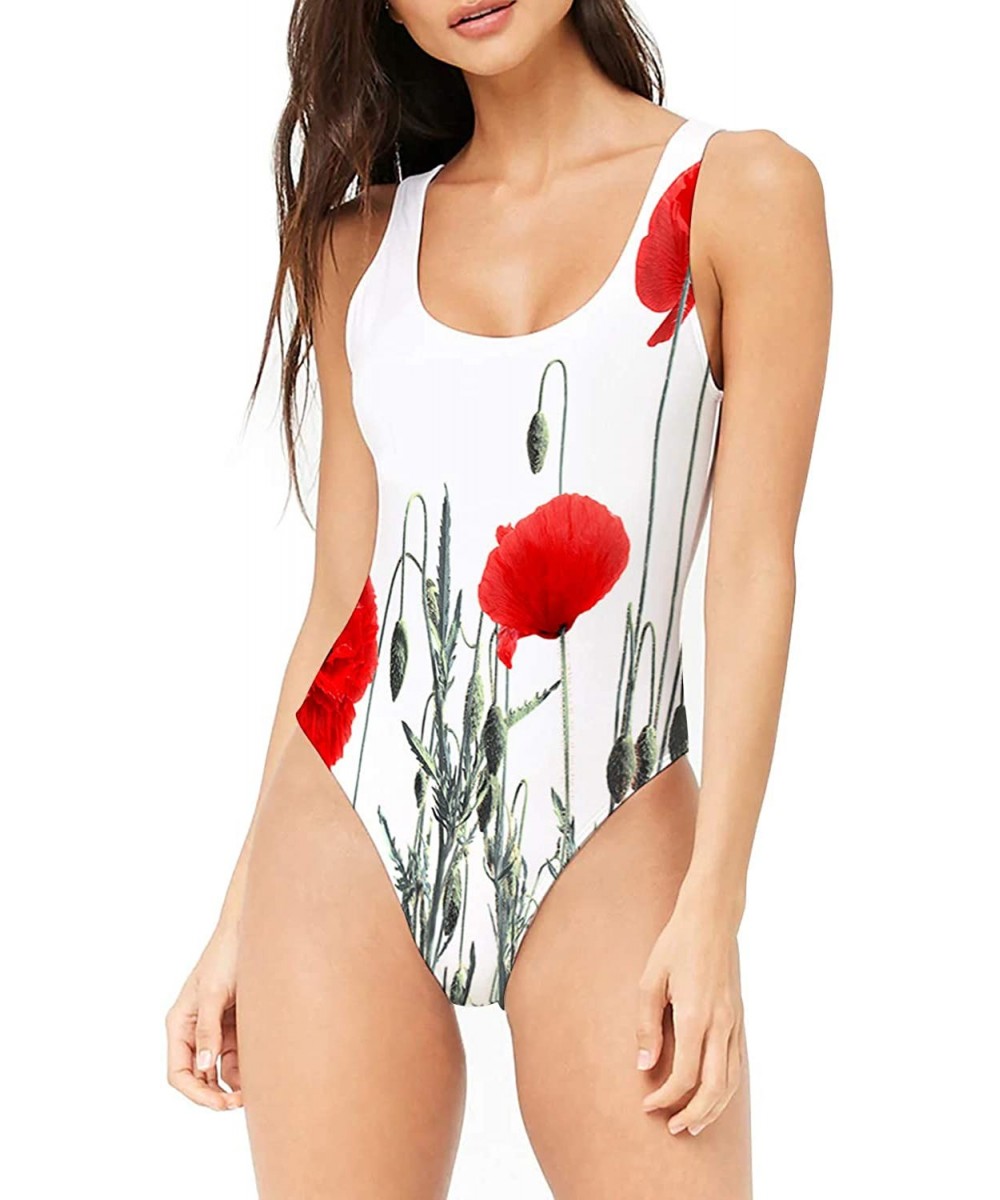 Racing 3D Printed Strap Swimwear for Woman Bright Red Poppy Tummy Control Swimwear Beach Swimsuits - CF18WRGC03E