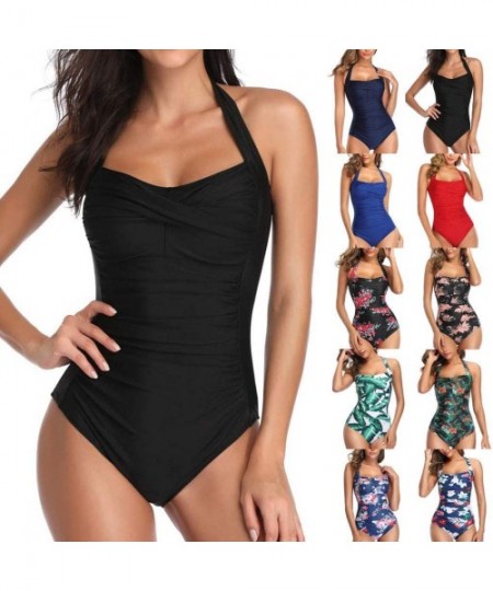 One-Pieces Womens Swimsuits One Piece Swimsuit-Tummy Control Bathing Suits Sexy Halter Deep V Neck Monokini Vintage Ruched Sw...