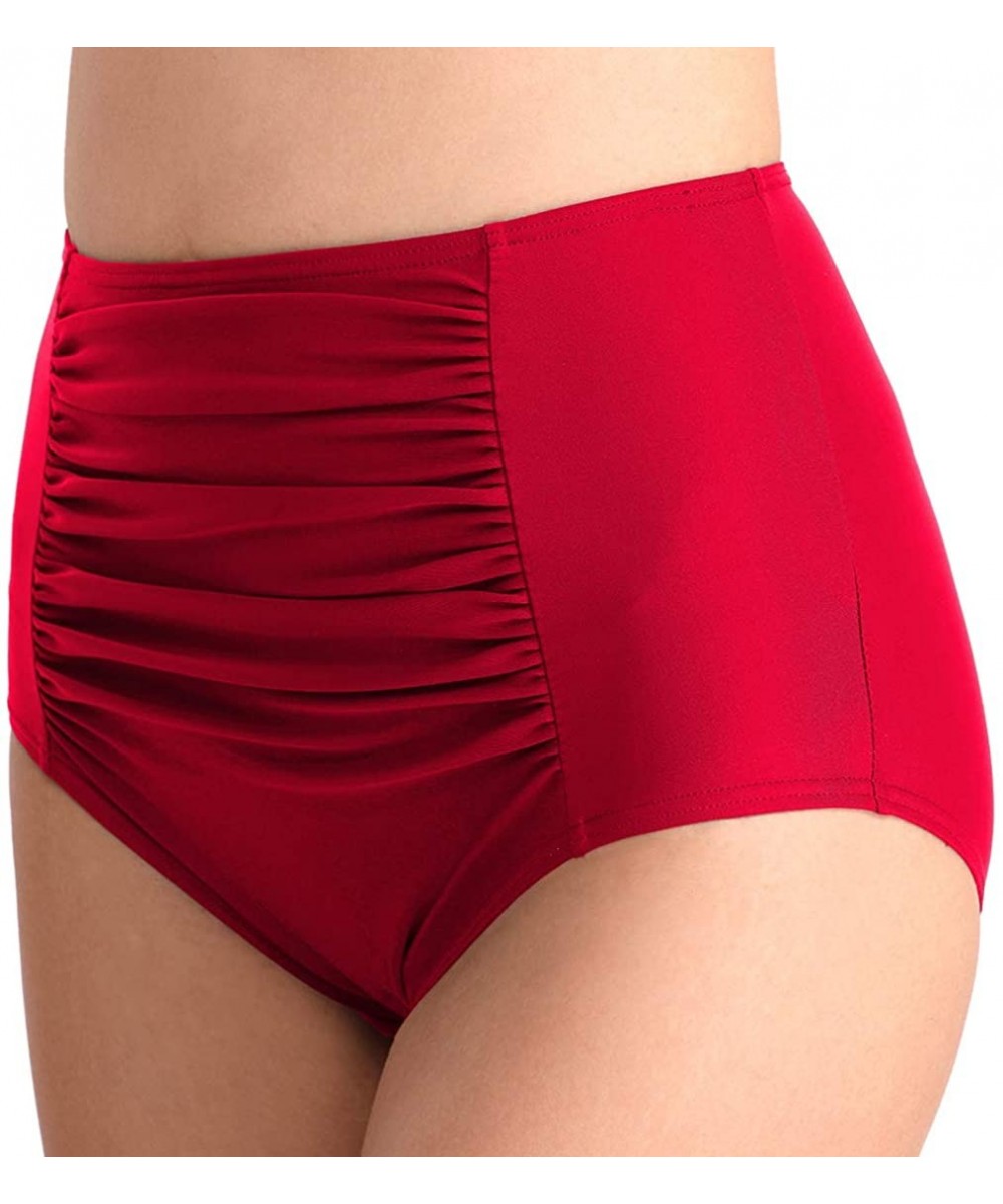 Bottoms Women High Waisted Bikini Bottoms Tummy Control Swimsuit Bottoms Ruched Full Coverage Swim Bottom High Rise B Red - C...