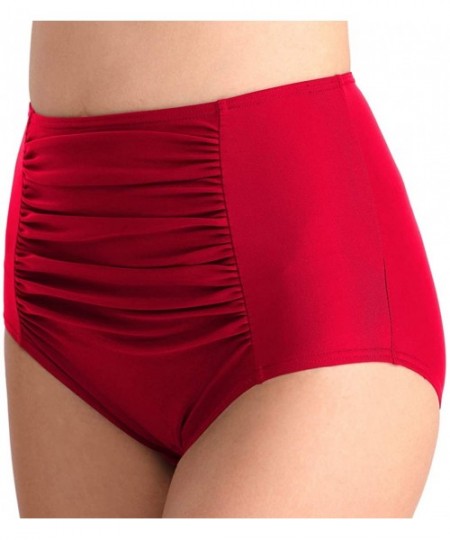 Bottoms Women High Waisted Bikini Bottoms Tummy Control Swimsuit Bottoms Ruched Full Coverage Swim Bottom High Rise B Red - C...