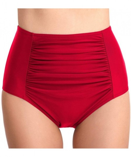 Bottoms Women High Waisted Bikini Bottoms Tummy Control Swimsuit Bottoms Ruched Full Coverage Swim Bottom High Rise B Red - C...