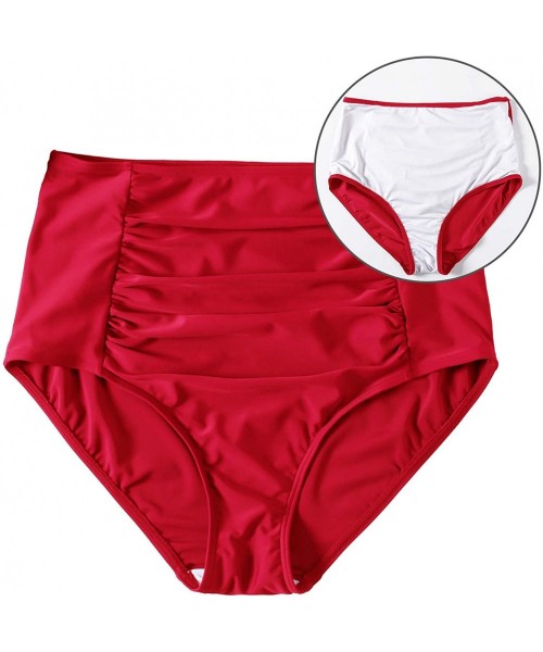 Bottoms Women High Waisted Bikini Bottoms Tummy Control Swimsuit Bottoms Ruched Full Coverage Swim Bottom High Rise B Red - C...