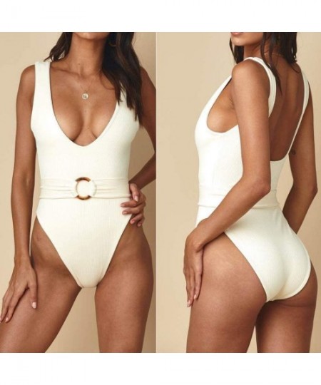 One-Pieces Solid V-Neck Swimwear Womens Monokini Swimsuit One Piece Slimming Backless Bathing Suits with Belt - White - CV194...