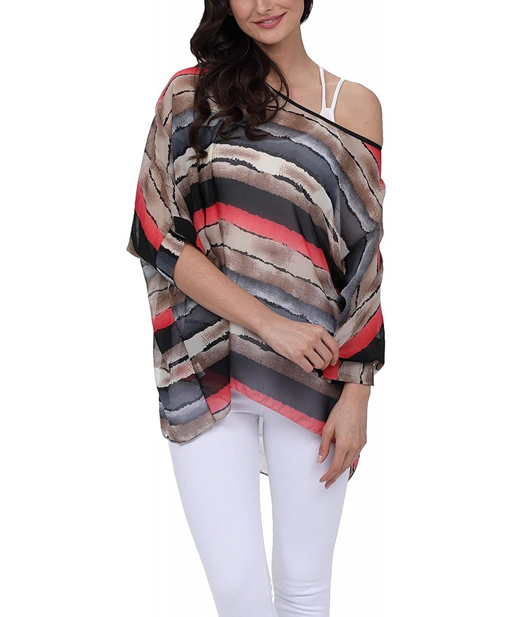 Cover-Ups Womens Floral Print Batwing Sleeve Chiffon Poncho Blouse Summer Tunic Tops PB - Pb294 - C218C9RLO8Y