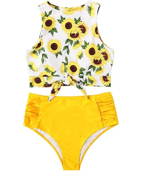 Sets Women Tankini Sets-Ladies Sunflower Print Swimsuits Knot Front Tankini Tops with Ruched Briefs Bikini Bathing Suits - Ye...