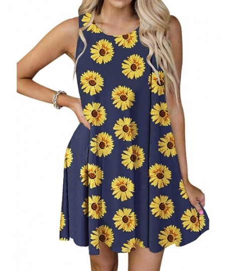 Cover-Ups Womens Summer Casual T Shirt Dress Sunflower Floral Print Beach Cover up Tank Dress with Pockets - A3 - CB19036I9YK