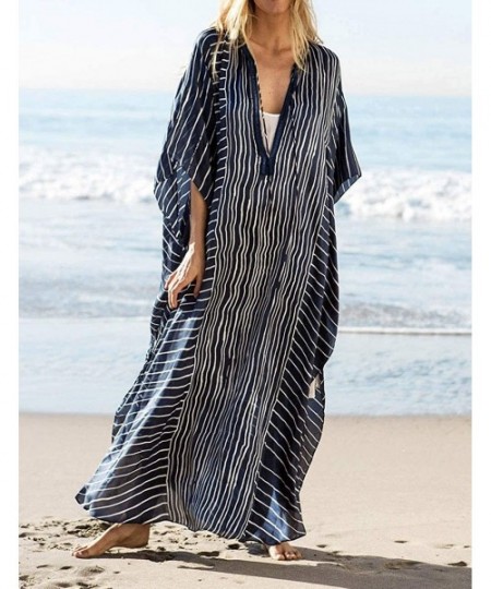 Cover-Ups Swimsuit Cover Ups Kimonos for Women Summer Long Cardigan Bikini Beach Cover Up Printed Maxi Dress - Navy Stripes -...