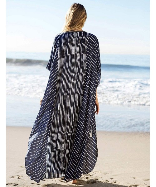 Cover-Ups Swimsuit Cover Ups Kimonos for Women Summer Long Cardigan Bikini Beach Cover Up Printed Maxi Dress - Navy Stripes -...