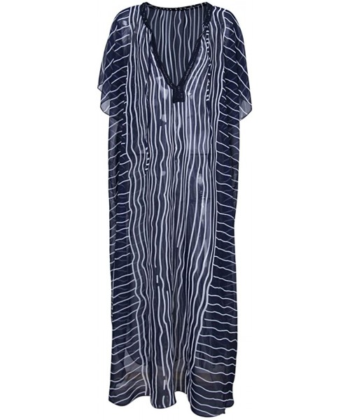 Cover-Ups Swimsuit Cover Ups Kimonos for Women Summer Long Cardigan Bikini Beach Cover Up Printed Maxi Dress - Navy Stripes -...