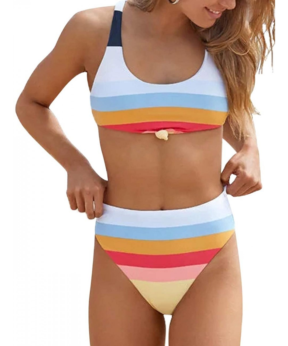 Sets Two Piece High Waisted Bathing Suit Striped Bikini Set Swimsuits for Women High Cut Sports Suits - Rainbow - C11905LMQ2Z