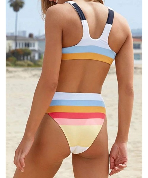 Sets Two Piece High Waisted Bathing Suit Striped Bikini Set Swimsuits for Women High Cut Sports Suits - Rainbow - C11905LMQ2Z