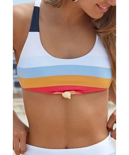 Sets Two Piece High Waisted Bathing Suit Striped Bikini Set Swimsuits for Women High Cut Sports Suits - Rainbow - C11905LMQ2Z